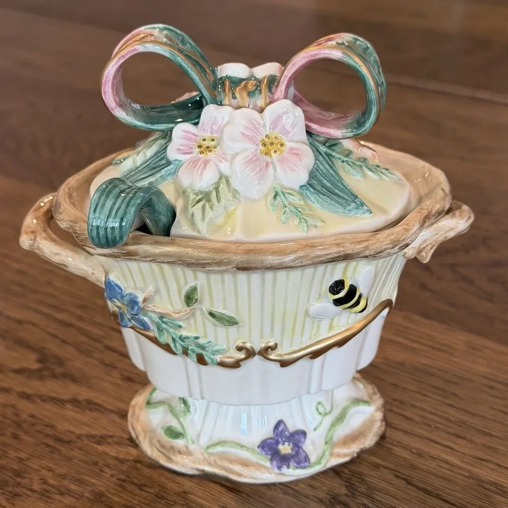 Fitz and Floyd Classics Woodland Spring Sugar Creamer Set Lid Spoon Box Vintage